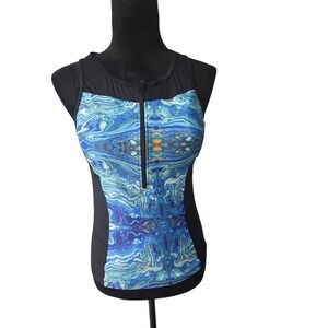 Jack Smith Womens Blue Marble Print Quarter Zip Sleeveless Tankini Swim Top Sz S
